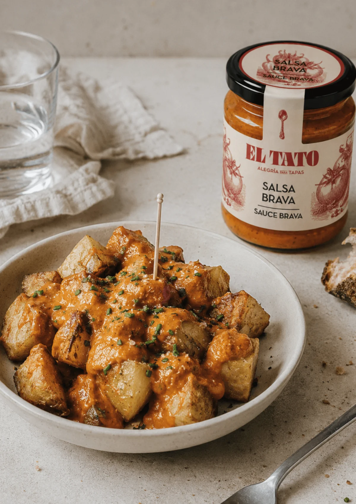 Assiette de patatas bravas — pommes de terre rôties nappées de sauce brava et de ciboulette — posée près d'un bocal de sauce brava El Tato, avec un verre d'eau et du pain en arrière-plan