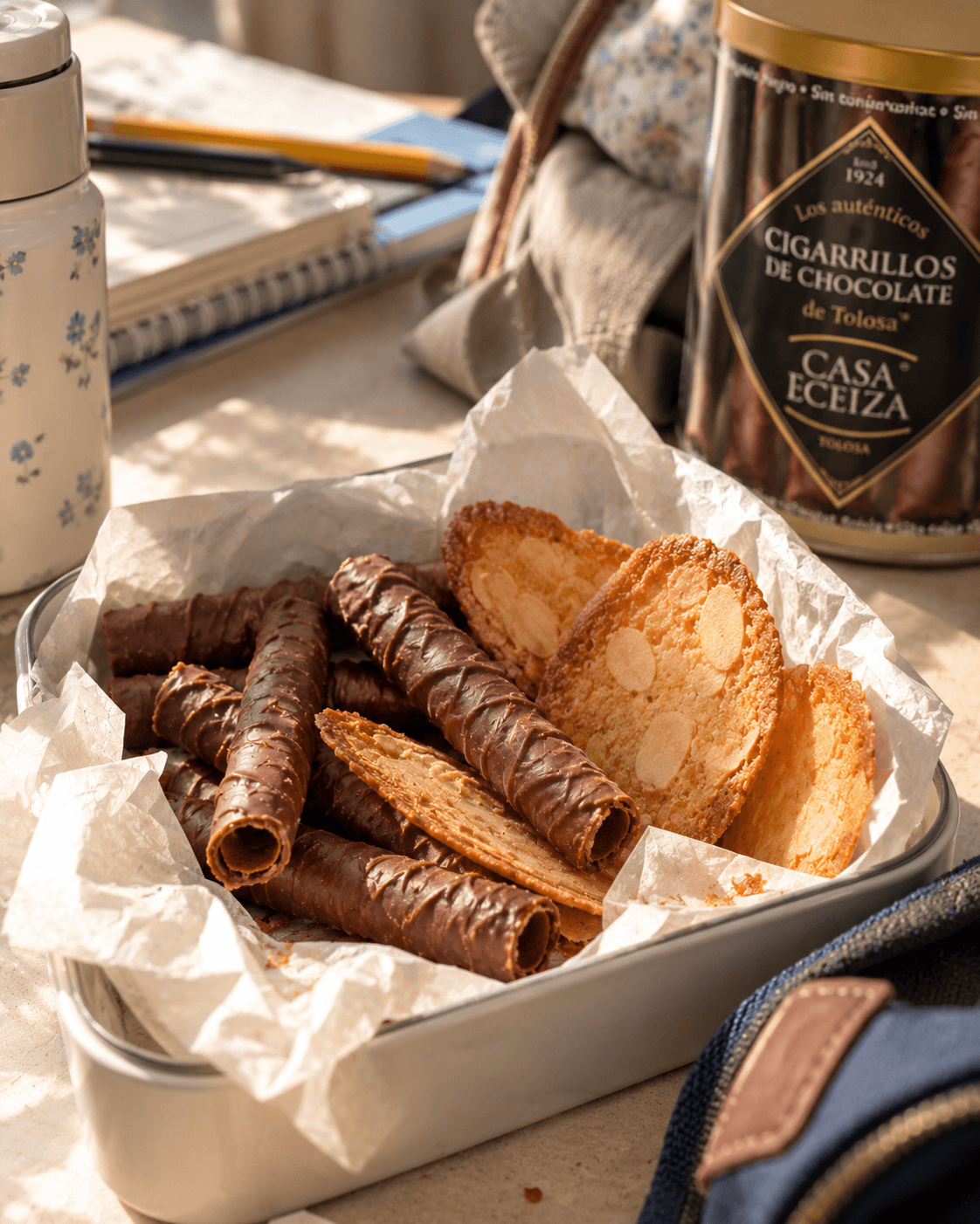 Boîte à goûter contenant des cigarillos enrobés de chocolat et des tuiles aux amandes sur papier sulfurisé, devant la boîte « Cigarrillos de chocolate de Tolosa » Casa Eceiza