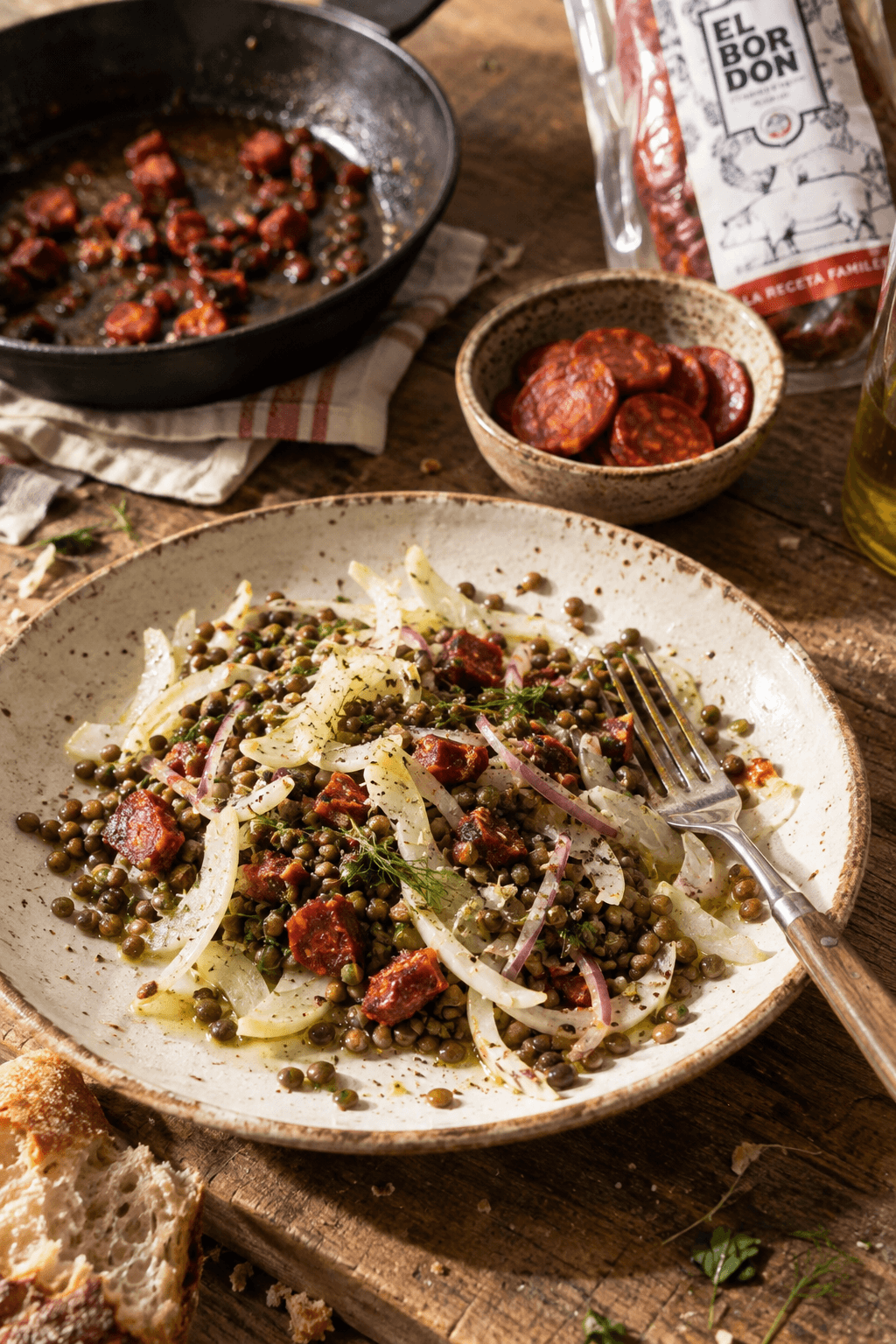Assiette de salade de lentilles au fenouil, oignon rouge et dés de chorizo poêlés, avec un chorizo El Bordón en arrière-plan