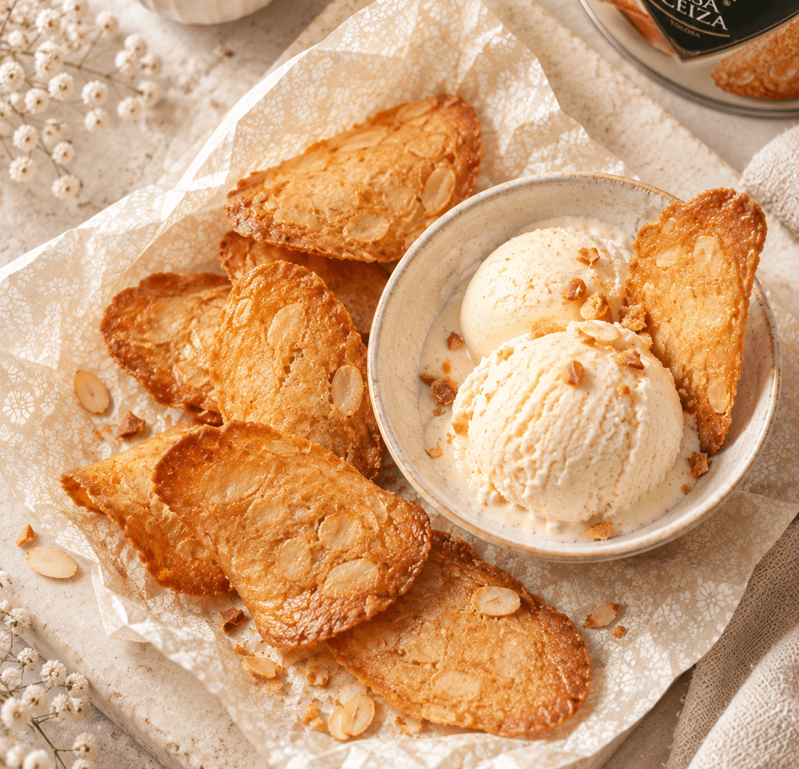 Tuiles aux amandes Casa Eceiza sur papier dentelle, avec deux boules de glace vanille dans un bol en grès et la boîte « Las auténticas Tejas de Tolosa » en arrière-plan
