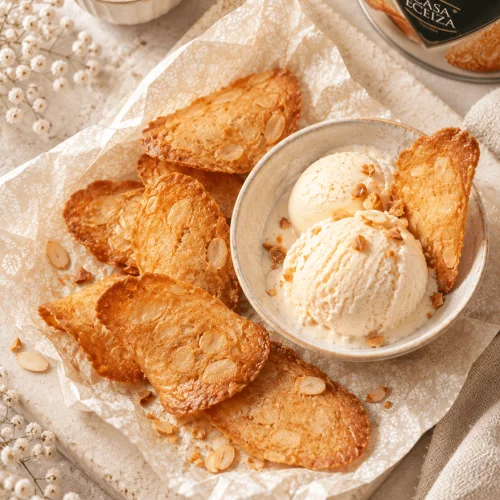 Tuiles aux amandes Casa Eceiza sur papier dentelle, avec deux boules de glace vanille dans un bol en grès et la boîte « Las auténticas Tejas de Tolosa » en arrière-plan